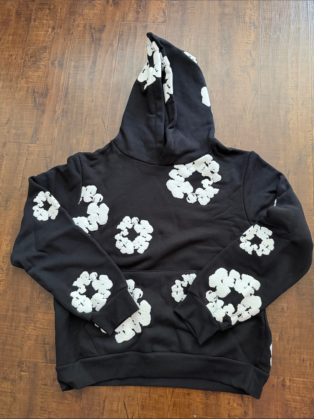 Men Black Hoodie Sweater with White Floral Print